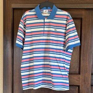 Lacoste Men's Polo Shirt - Blue and Pink Striped Design